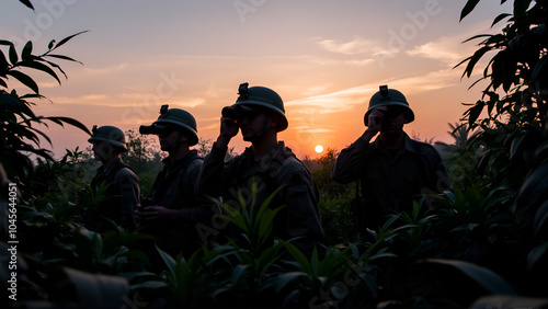 Four soldiers stand vigilantly in dense jungle foliage at sunset, holding binoculars and dressed in full gear, creating a dramatic and intense atmosphere. photo