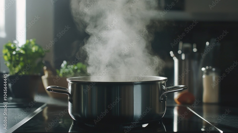 Steam Rising from Pot on Stovetop in Modern Kitchen Steam Rising from Pot on Stovetop in Modern Kitchen