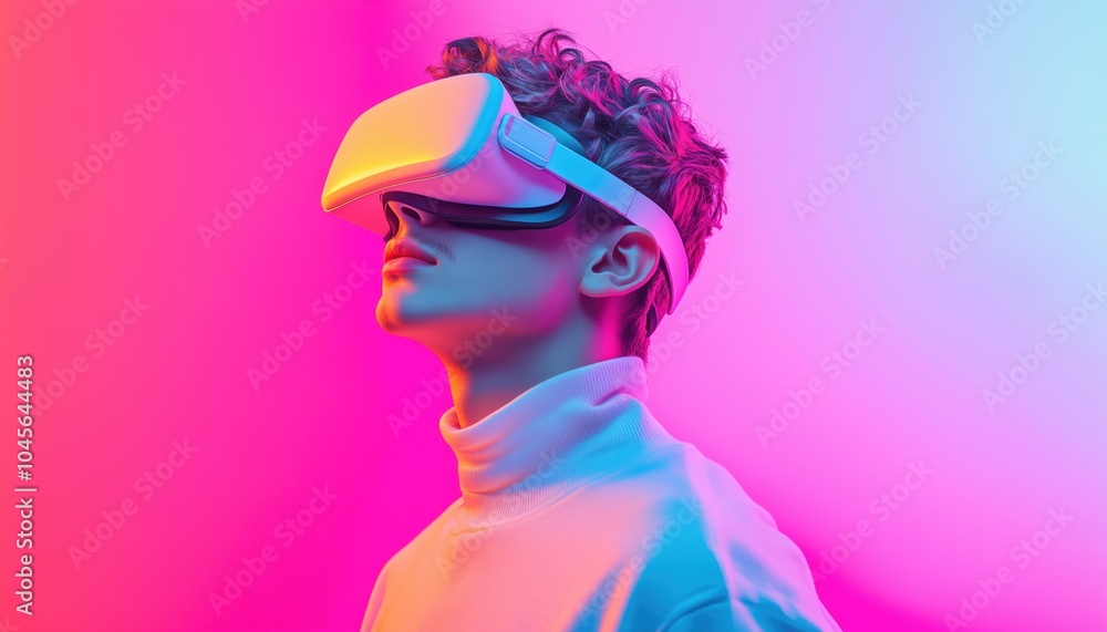 Youthful Escape: A Young Man Embracing Virtual Reality Lifestyle In A Digitized Modern World On A Vibrant Background. Technological Gaming Concept. Youthful Escape: A Young Man Embracing Virtual Reality Lifestyle In A Digitized Modern World On A Vibrant Background. Technological Gaming Concept.
