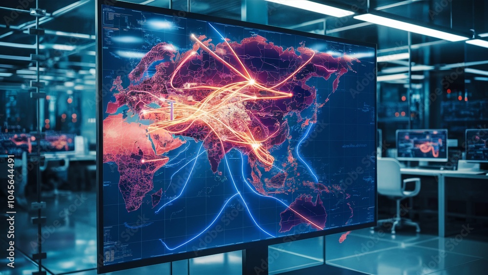 Obraz premium Futuristic Asia Map with Glowing Lines in Modern Lab