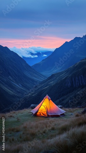 A cozy tent glows warmly in the mountains at dusk surrounded by misty peaks