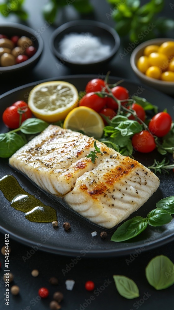 Grilled fish served with fresh herbs, cherry tomatoes, lemon, and assorted spices on a dark plate Grilled fish served with fresh herbs, cherry tomatoes, lemon, and assorted spices on a dark plate