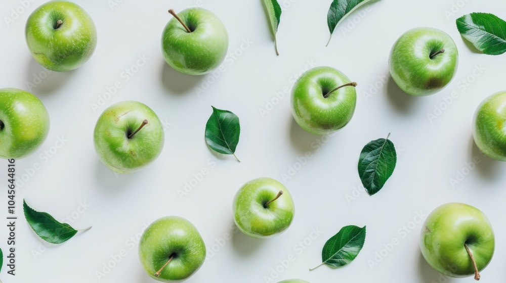 A close up of green apples with leaves scattered around them A close up of green apples with leaves scattered around them