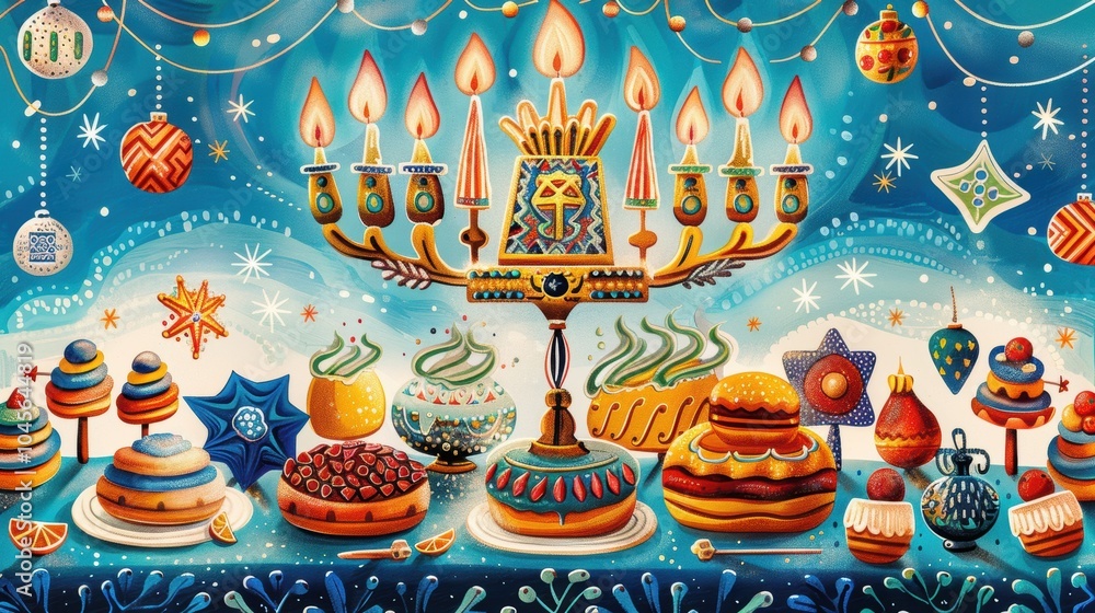 Traditional Hanukkah Greeting Card with Menorah and Vibrant Jewish Symbols for Holiday Celebrations Traditional Hanukkah Greeting Card with Menorah and Vibrant Jewish Symbols for Holiday Celebrations