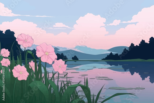 Serene lakeside floral scene