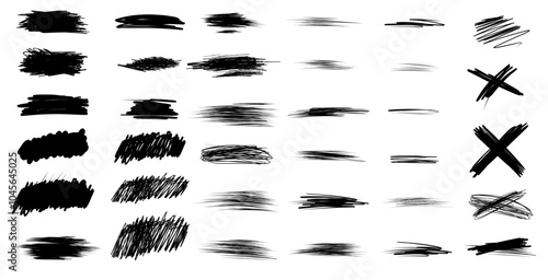 Vector hand-drawn scratch textures for lottery scratch-off ticket designs. Grunge casino gambling card elements in various shapes. Black brushstroke scribble textures set against a white background
