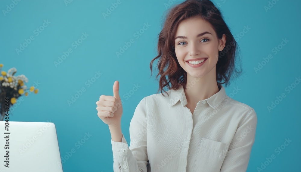 Cheerful Young Secretary Standing At Desk With Laptop And Smartphone, Giving Thumbs Up Gesture In Office Setting. Cheerful Young Secretary Standing At Desk With Laptop And Smartphone, Giving Thumbs Up Gesture In Office Setting.