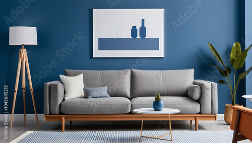 grey sofa sits shelf front blue wall modern living room scandinavian style decor photo