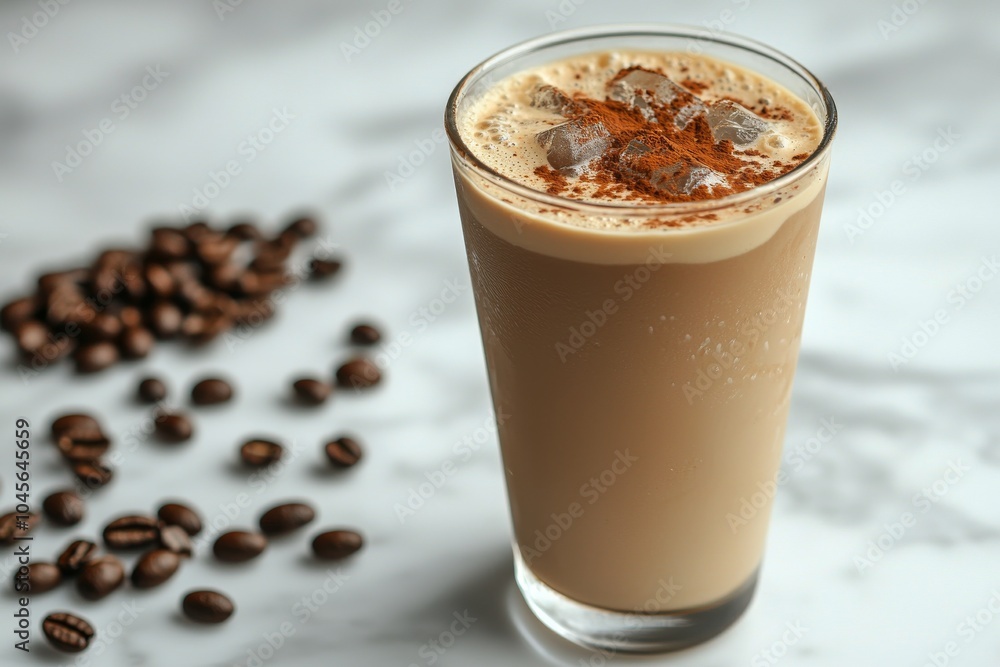 Creamy iced coffee topped with whipped cream and cocoa on a marble countertop with coffee beans Creamy iced coffee topped with whipped cream and cocoa on a marble countertop with coffee beans