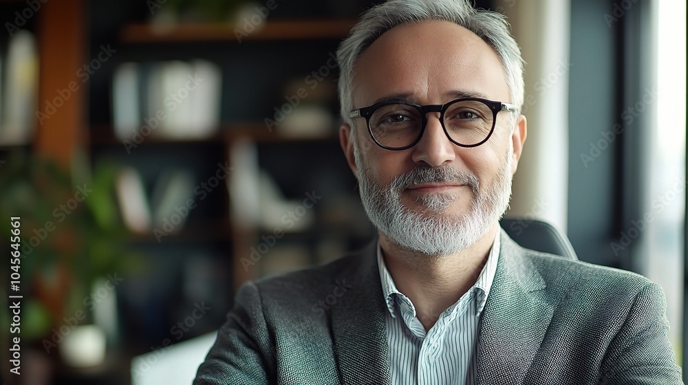 Professional Man Smiling in Modern Office Setting Professional Man Smiling in Modern Office Setting