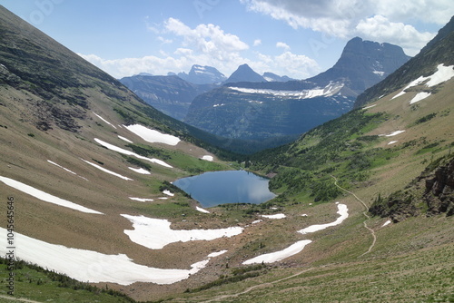 ptarmigan lake on the trail to Ptarmigan Tunnel at the Glacier national park, Montana, USA. photo