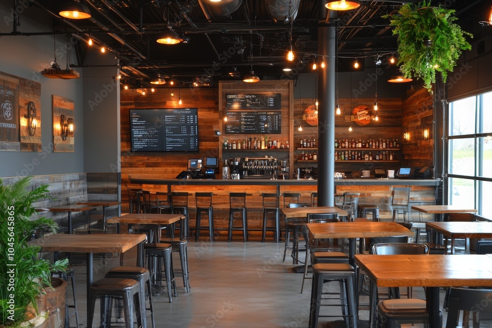 Cozy and modern cafe interior featuring a wooden bar and comfortable seating area Cozy and modern cafe interior featuring a wooden bar and comfortable seating area