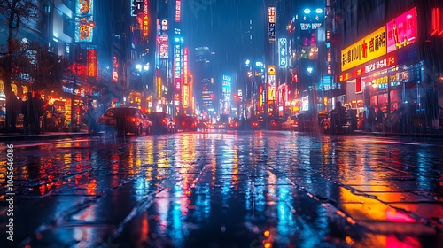 A wet, neon-lit city street at night with cars and pedestrians.