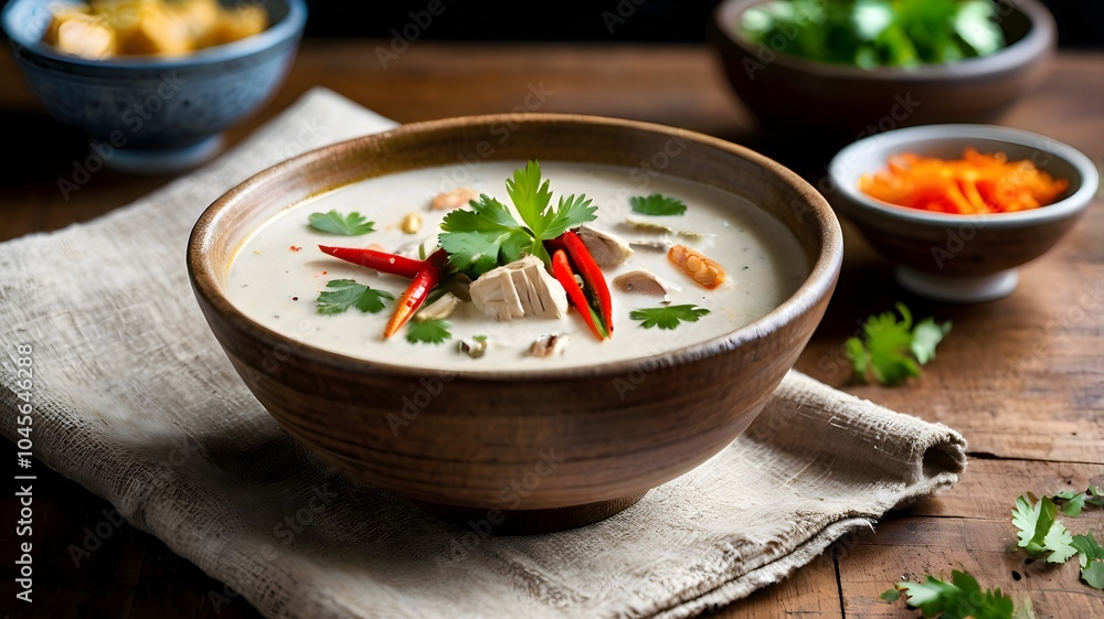 Authentic Thai Tom Kha Gai soup served in a rustic bowl with fresh herbs and spices. Authentic Thai Tom Kha Gai soup served in a rustic bowl with fresh herbs and spices.