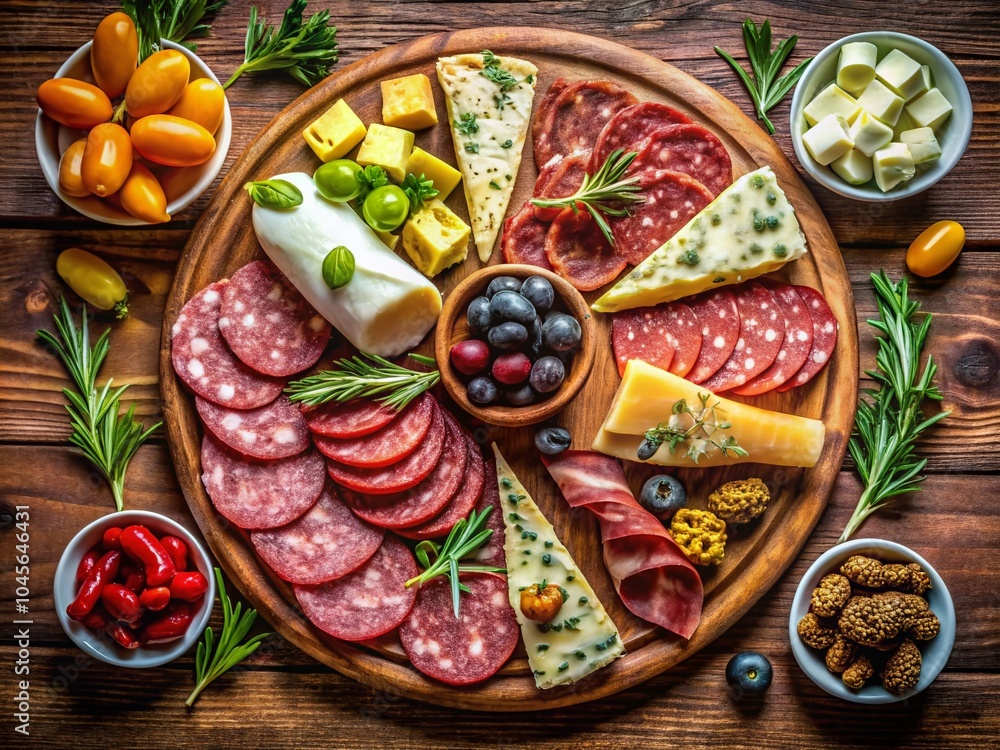 Drone Photography of a Rustic Italian Charcuterie Board with Sliced Cured Meats and Cheese for Culinary Enthusiasts Drone Photography of a Rustic Italian Charcuterie Board with Sliced Cured Meats and Cheese for Culinary Enthusiasts