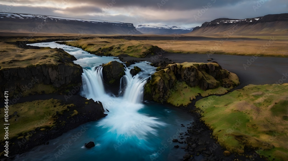 Waterfall in the mountain valley, Icelandic nature photo landscape, outdoor travel Waterfall in the mountain valley, Icelandic nature photo landscape, outdoor travel