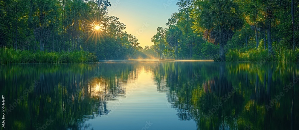Serene river landscape at sunrise, reflecting nature's beauty and tranquility. Serene river landscape at sunrise, reflecting nature's beauty and tranquility.