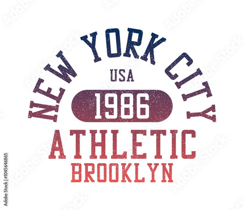 New York, Brooklyn design for t-shirt with gradient print. Graphics for athletic clothes. College style t-shirt with grunge, vintage sport apparel. Vector.