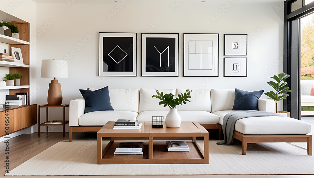 Fototapeta premium wooden coffee table sits white sofa surrounded shelves poster frames cozy modern cottage living space