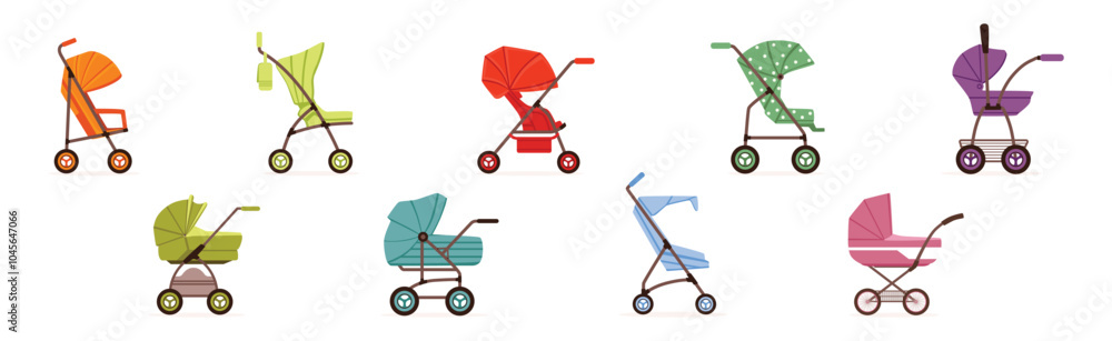 Baby Carriage or Pram for Baby Walking Vector Set Baby Carriage or Pram for Baby Walking Vector Set