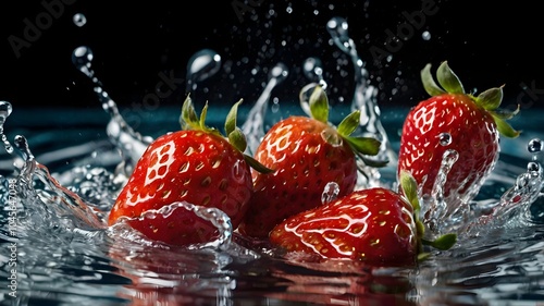 Strawberries in water splash, fresh healthy organic fruit, close-up berry photo in motion