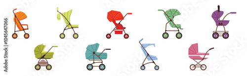 Baby Carriage or Pram for Baby Walking Vector Set
