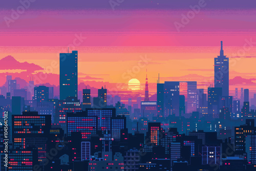 Pixel art cityscape sunset