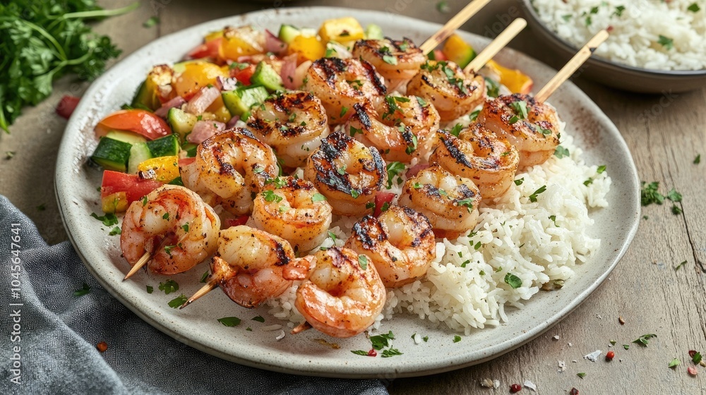 Grilled Shrimp Skewers with Colorful Vegetables and Rice Grilled Shrimp Skewers with Colorful Vegetables and Rice