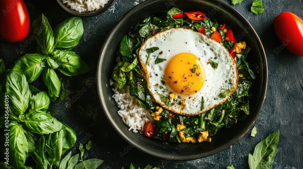 Colorful Spinach Bowl with Fried Egg and Vegetables Colorful Spinach Bowl with Fried Egg and Vegetables