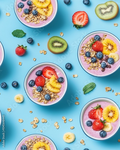Wallpaper Mural smoothie bowl with fresh fruit topping, colorful smoothie bowl on blue background and healthy smoothie bowl idea, cereals and fruits  Torontodigital.ca