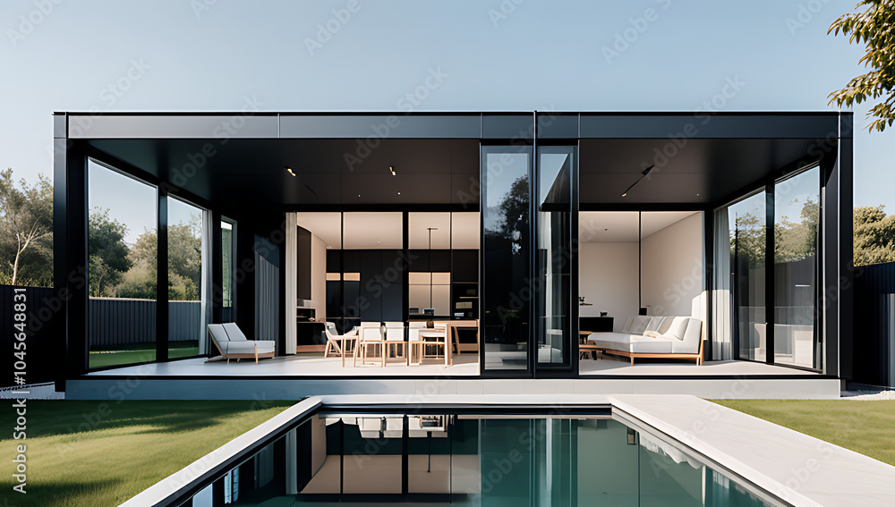 Fototapeta premium black metal glass walls surround modern modular residential villa sleek architectural design