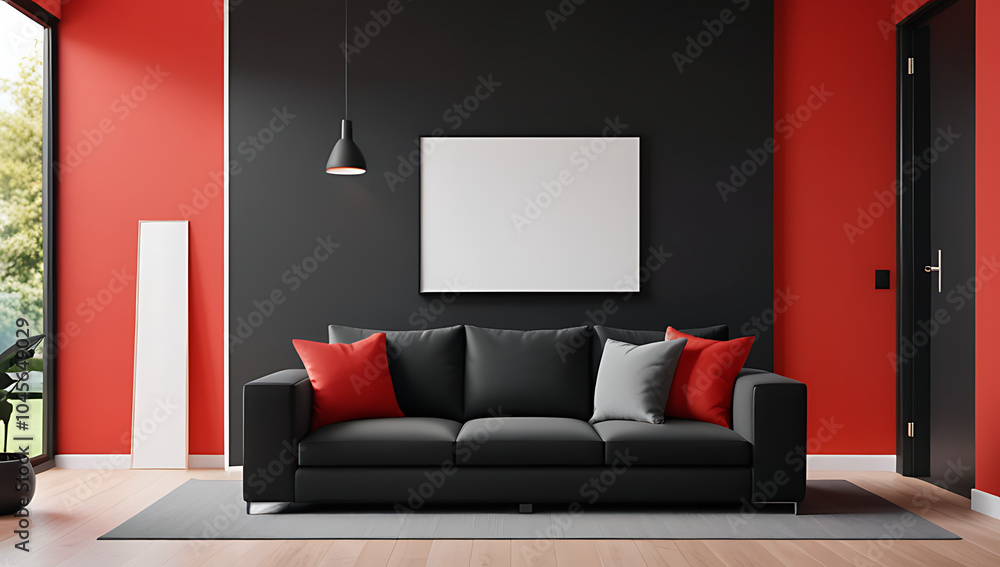 black sofa sits modern living room red wall door showcasing home design rendering details black sofa sits modern living room red wall door showcasing home design rendering details