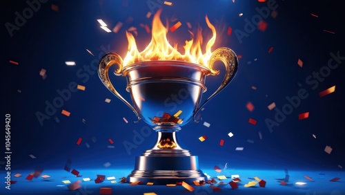 A trophy engulfed in flames, surrounded by colorful confetti against a blue background.