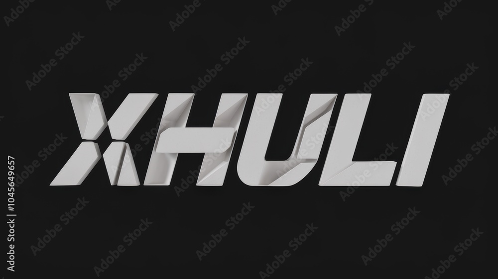 Obraz premium Modern Abstract Typography: The word 'XHULI' in bold, distorted silver letters on a black background, suitable for branding or design projects.