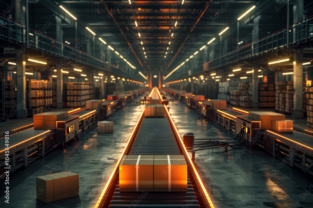 nterior shot of a distribution center with conveyor belts, sorting systems, and packages moving through the facility, cinematic, high contrasty, realistic nterior shot of a distribution center with conveyor belts, sorting systems, and packages moving through the facility, cinematic, high contrasty, realistic