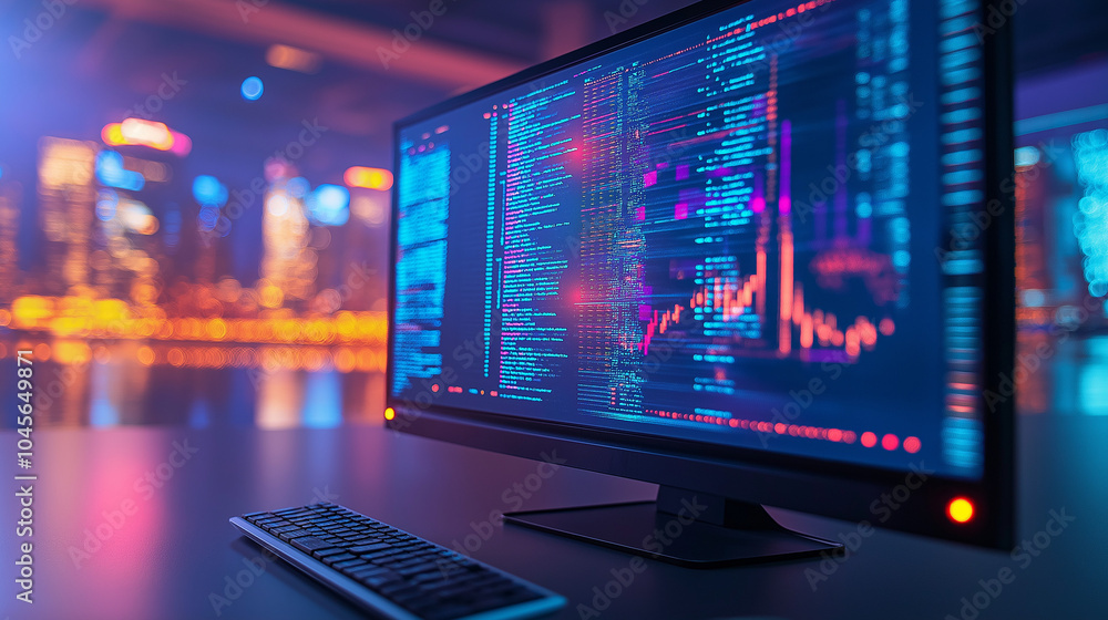 A glowing futuristic computer screen displaying vibrant holographic data. A glowing futuristic computer screen displaying vibrant holographic data.
