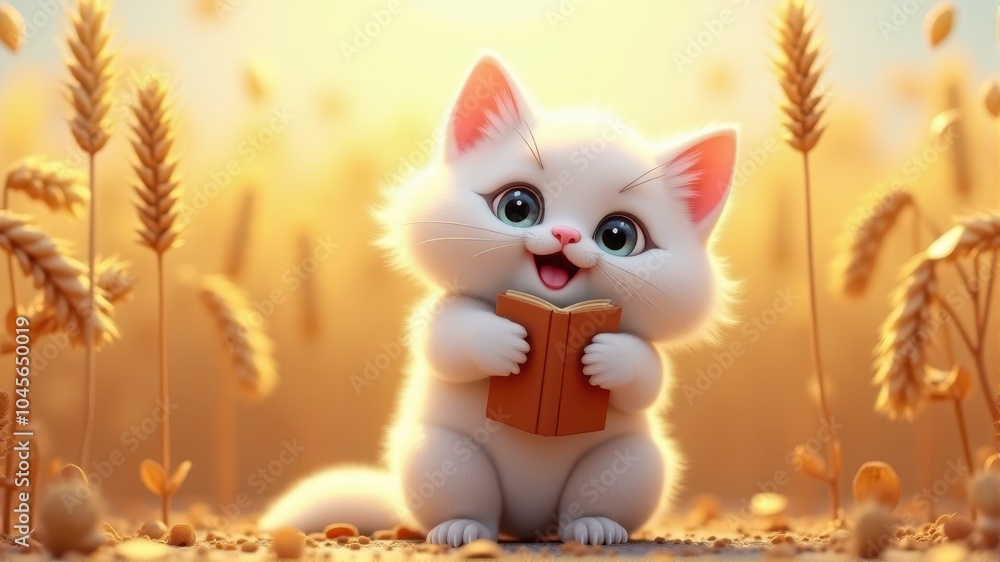 Charming cartoon kitten holding a book in a golden wheat field, evoking warmth and playfulness in a whimsical countryside setting. Charming cartoon kitten holding a book in a golden wheat field, evoking warmth and playfulness in a whimsical countryside setting.
