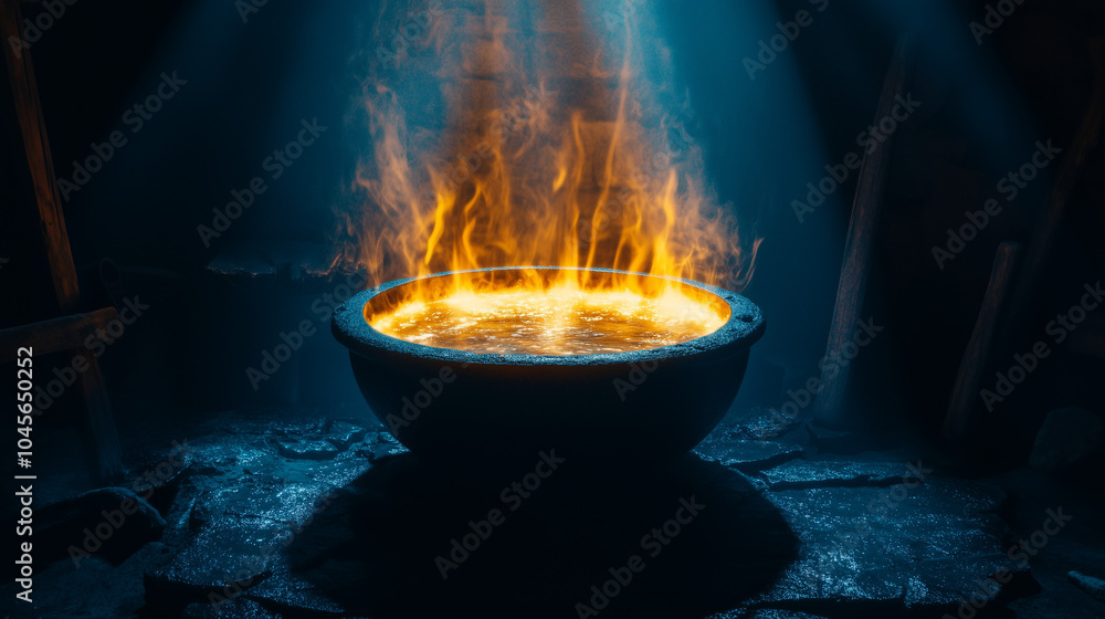 A glowing magical cauldron bubbling with light, casting eerie shadows in a dark room. A glowing magical cauldron bubbling with light, casting eerie shadows in a dark room.
