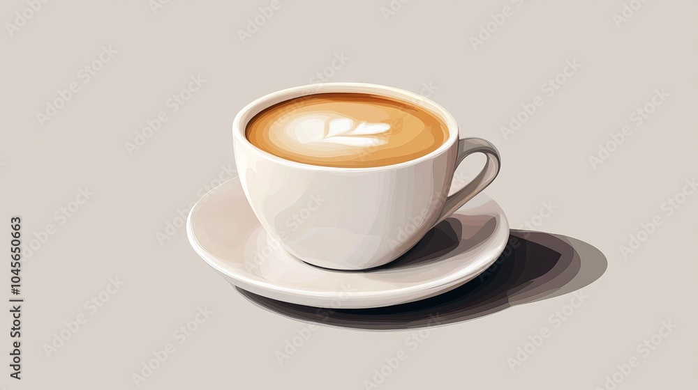 A single cup of cappuccino with a leaf design in the foam, on a white saucer. A single cup of cappuccino with a leaf design in the foam, on a white saucer.