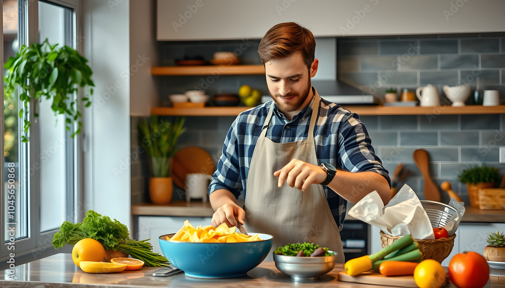 YOUNG Man cooking healthy food at home isolated with white highlights, png YOUNG Man cooking healthy food at home isolated with white highlights, png