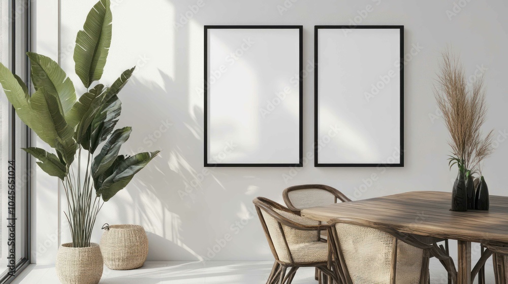 Fototapeta premium Frame mockup in a high-end home designed by an architect, featuring clean lines and innovative decor elements