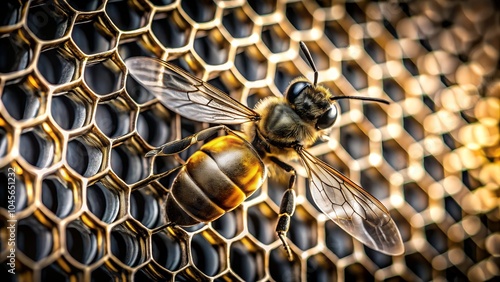 Ornate Bee Design on Metallic Honeycomb Texture photo