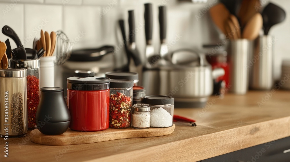 Modern Kitchen Decor with Spice Jars and Utensils Modern Kitchen Decor with Spice Jars and Utensils