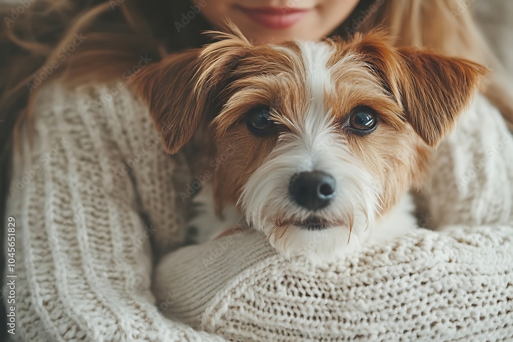 Small Dog Snuggles in Knit Sweater with Pet Owner Small Dog Snuggles in Knit Sweater with Pet Owner