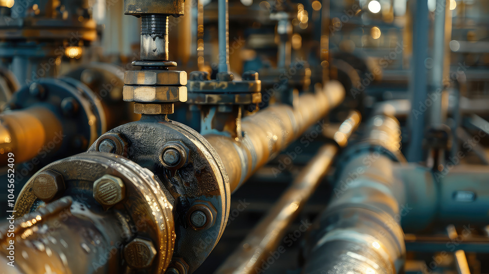 Close up of refinery valve and pipes, showcasing intricate details and textures in fuel processing environment. image captures industrial essence and functionality of equipment Close up of refinery valve and pipes, showcasing intricate details and textures in fuel processing environment. image captures industrial essence and functionality of equipment