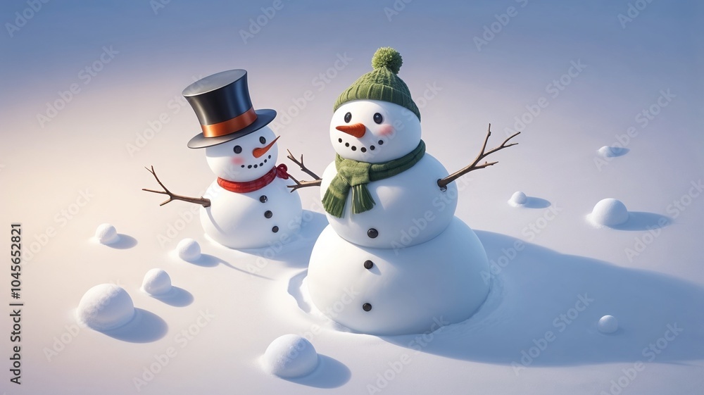 Fototapeta premium Two cheerful snowmen in winter scene, playful mood, festive atmosphere, snowy background, copy space