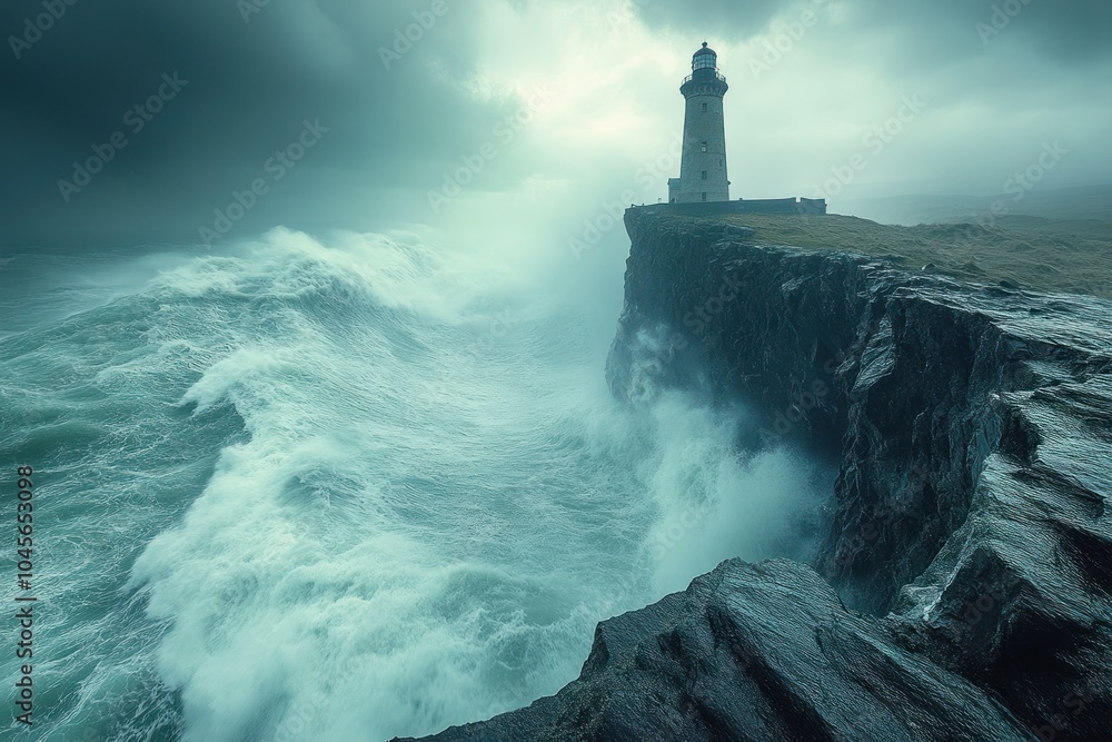 A dramatic lighthouse stands on a cliff amidst crashing waves and stormy skies. A dramatic lighthouse stands on a cliff amidst crashing waves and stormy skies.