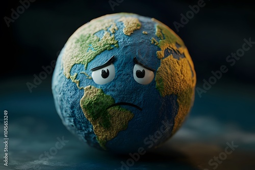 3D cartoon illustration of the Earth with sad face, representing environmental awareness, emotional planet and climate change