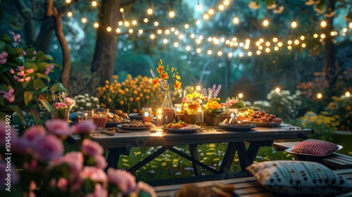 A beautifully decorated garden with string lights, a picnic table set with flowers, and a variety of snacks and drinks 