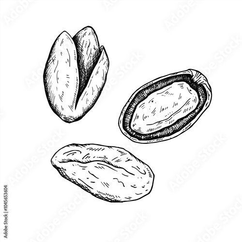 Graphics vector botanical black and white illustration with pistachios. Pistachios nuts, open pistachio. Black line hand drawn sketch in engraved style. With and without filling